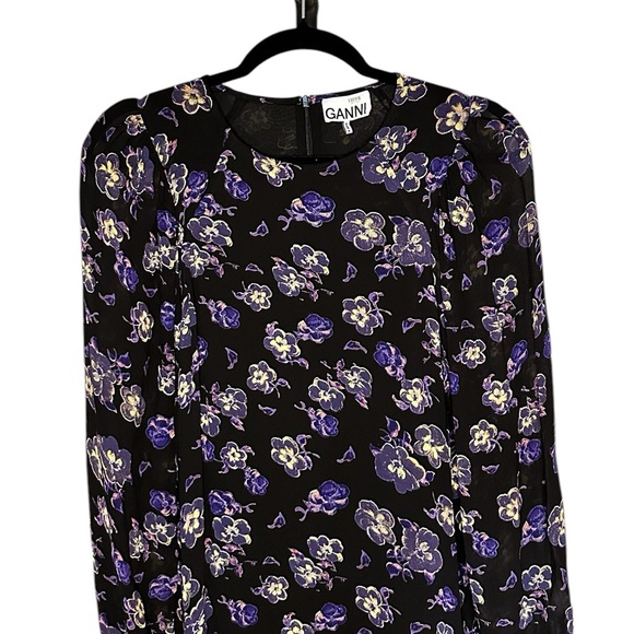 GANNI Georgette Floral Print Balloon Sleeve Mini Shift Dress Size 36/4 - Picture 5 of 10